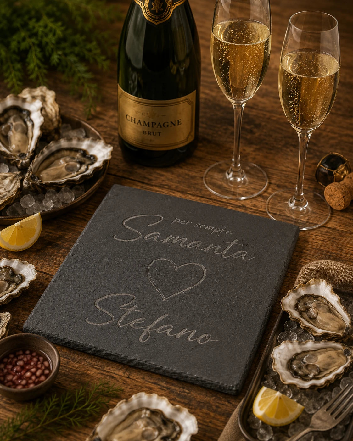 Tagliere quadrato in ardesia personalizzato con nomi Samanta e Stefano e un cuore inciso per anniversario di coppia accanto a bottiglia di champagne e ostriche